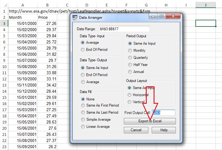 data arranger export button